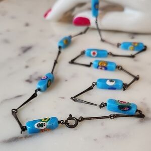 Antique | Silver & Blue Millefiori Murano Rectangular Glass Bead Necklace